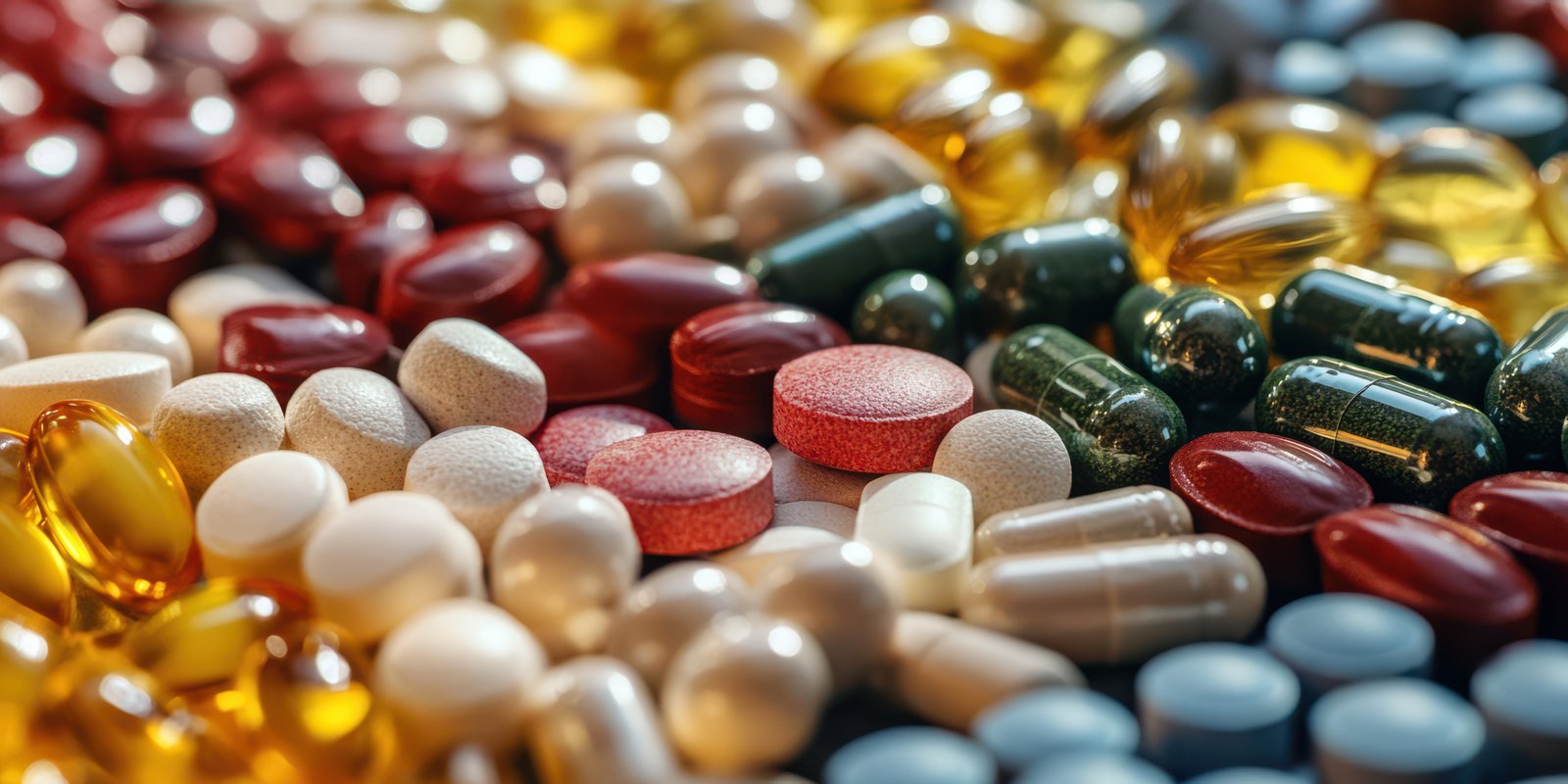 Colorful assortment of medications and supplements spread across a surface in a bright setting